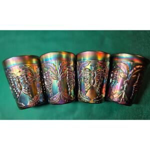 Vintage Set of four Fenton Emerald Butterfly & Fern Tumblers Iridescence